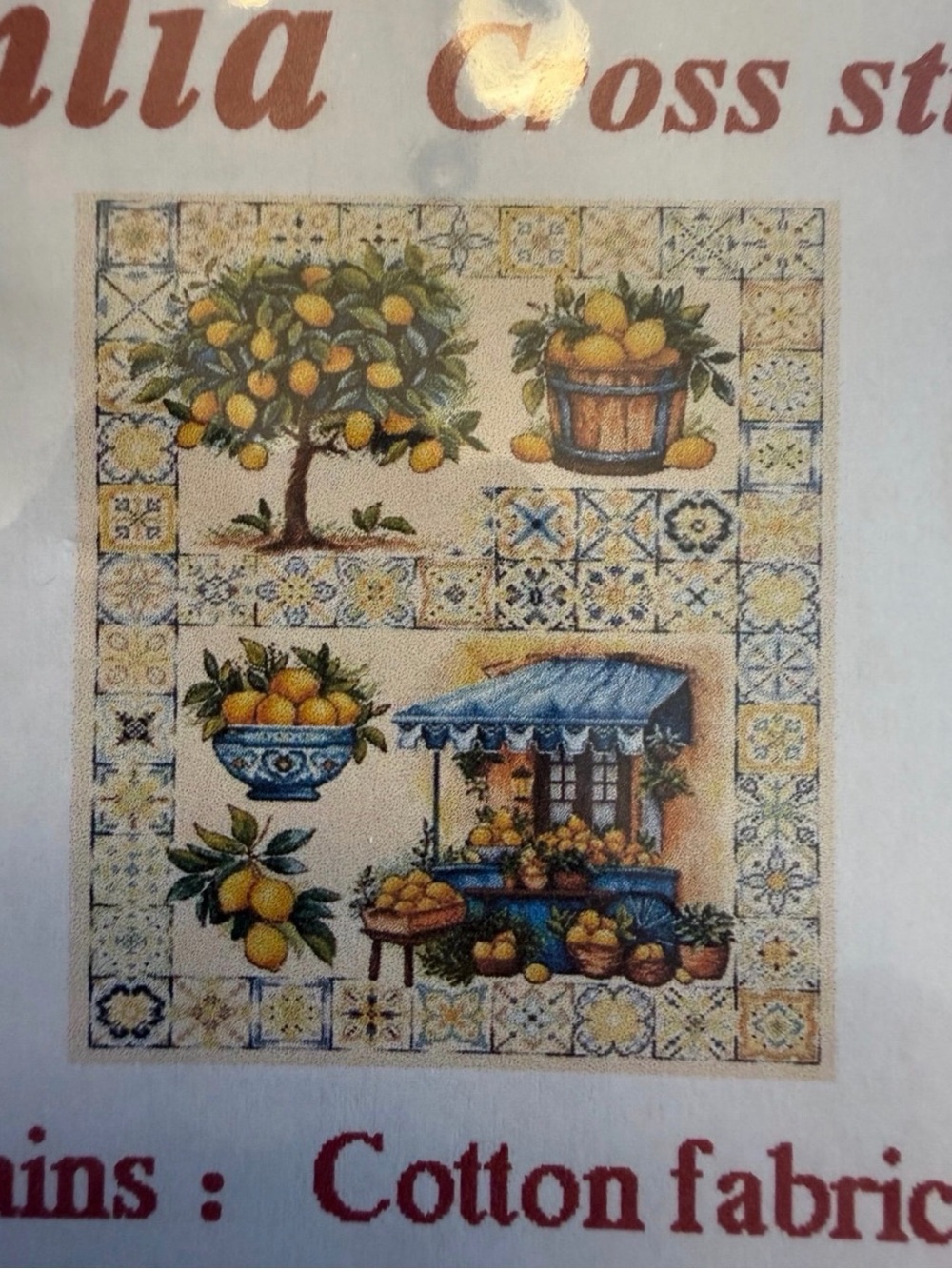 Dahlia Cross Stitch chart‎ Mediterranean Tiles Lemon Fruit Stand Blues Yellows